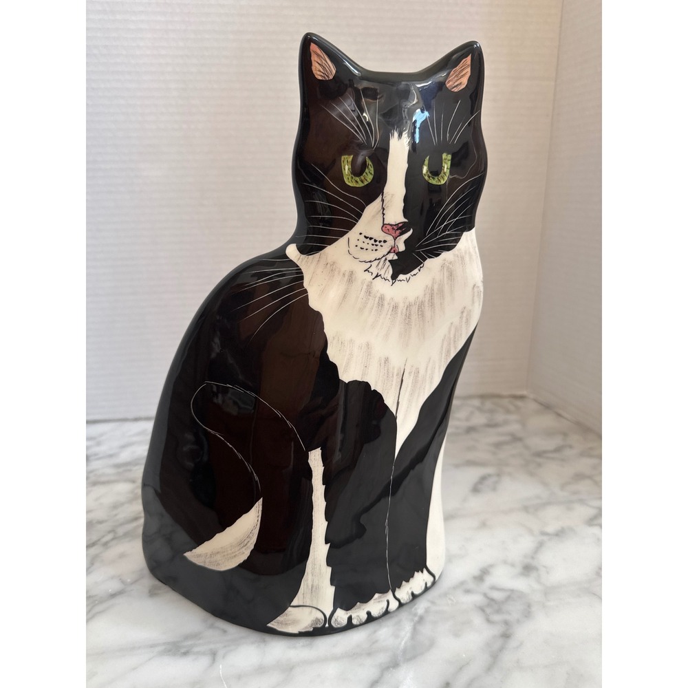 Nina Lyman Cats by Nina Tuxedo Cat Ceramic Vase Figurine Black White 11 Inch